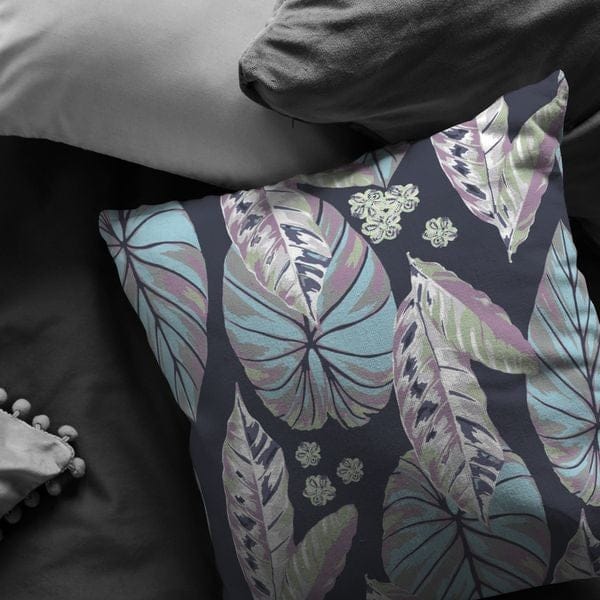 16” Blue Purple Tropical Leaf Zippered Suede Throw Pillow