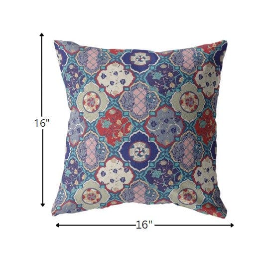 16” Turquoise Cream Trellis Suede Zippered Throw Pillow