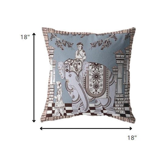 18” Blue Brown Ornate Elephant Zippered Suede Throw Pillow