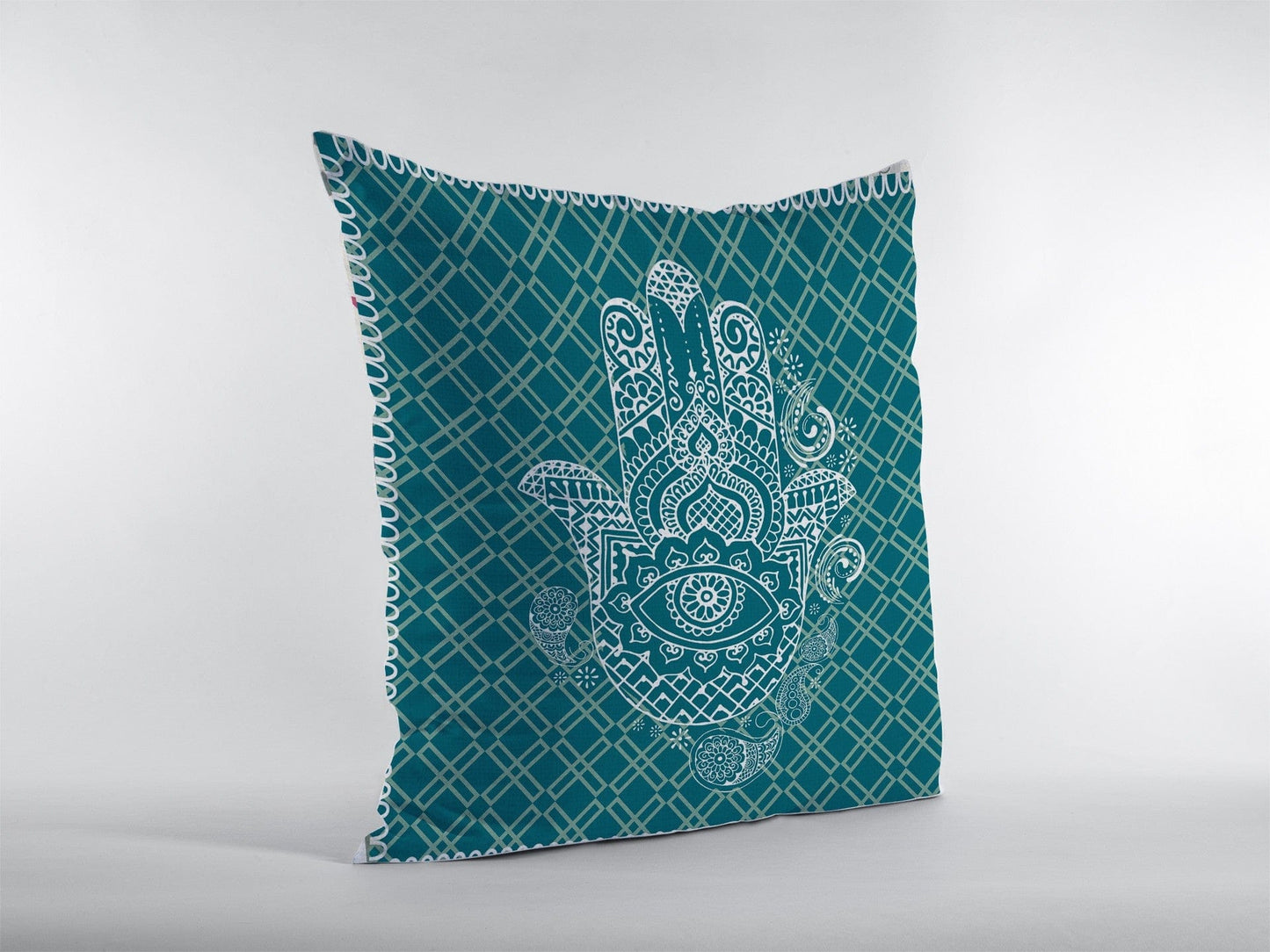 18” Teal White Hamsa Suede Zippered Throw Pillow