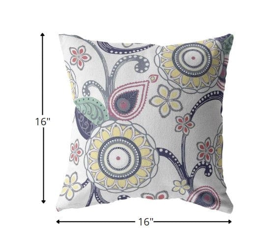 16” White Yellow Floral Suede Zippered Throw Pillow