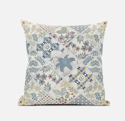 16” White Blue Patch Suede Throw Pillow