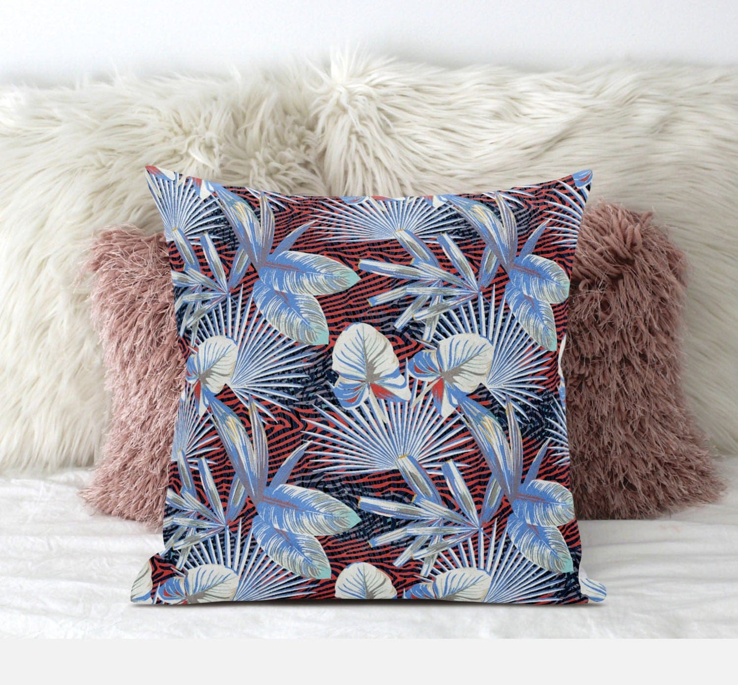 18” Blue Red Tropical Suede Throw Pillow