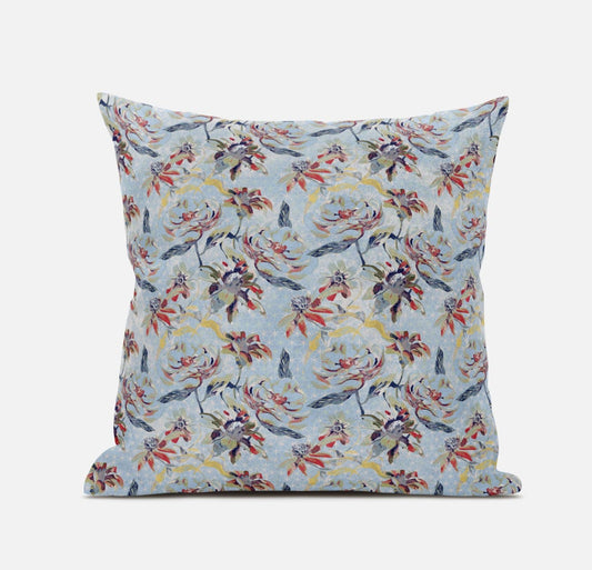 18" Sky Blue Red Roses Suede Throw Pillow