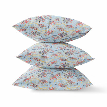 18" Sky Blue Red Roses Suede Throw Pillow