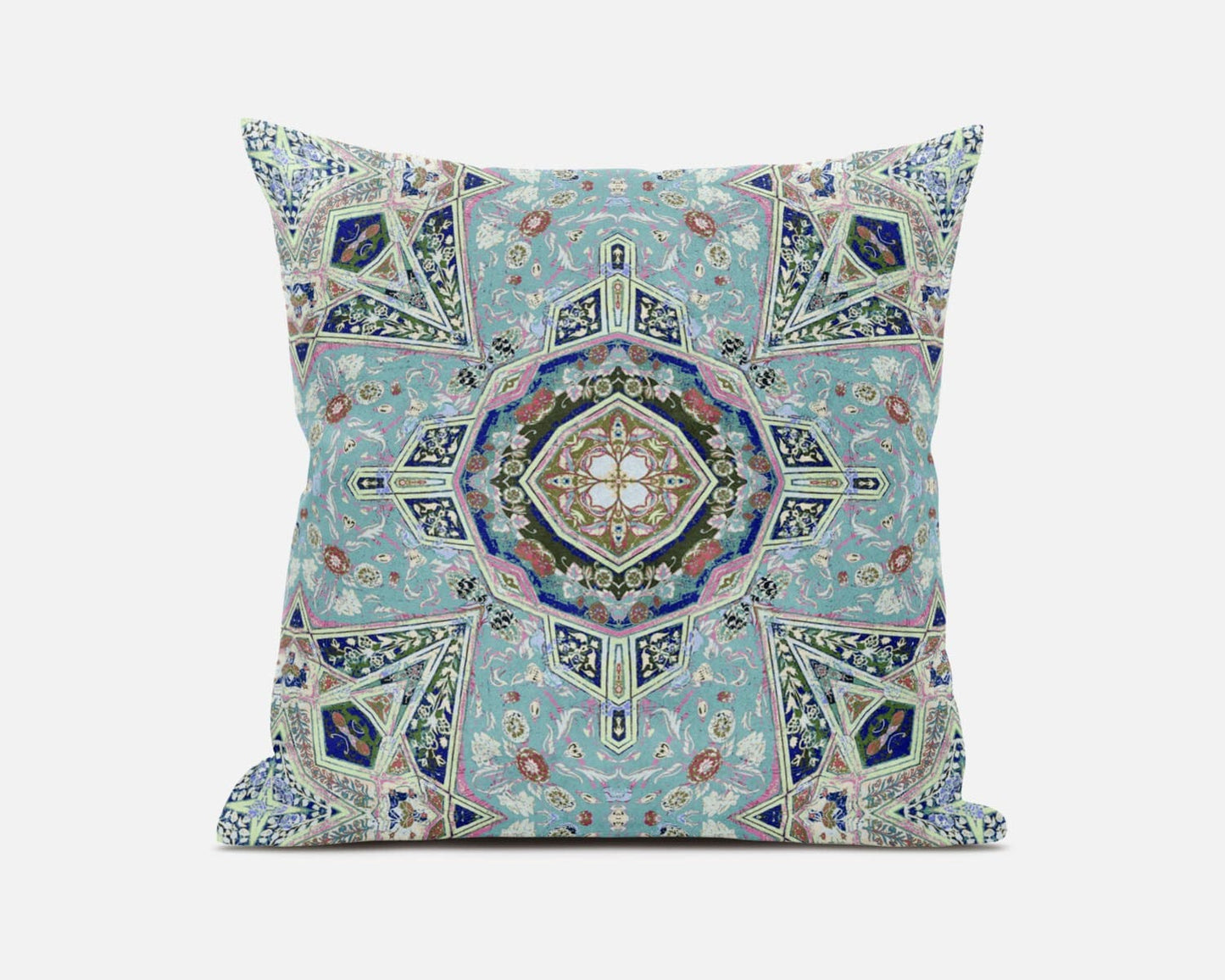 18" Aqua Blue Floral Geometric Suede Throw Pillow