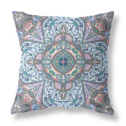 18" Pale Blue Pink Floral Medallion Suede Throw Pillow
