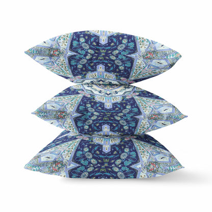 18" Indigo Blue Boho Floral Geo Suede Throw Pillow