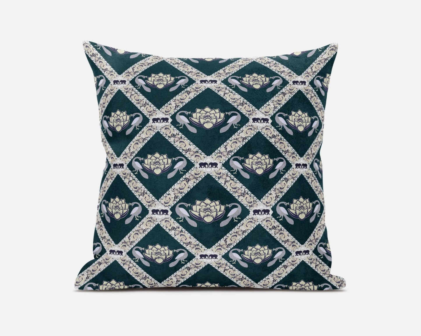 18" X 18" Dark Green Yellow Gray Lotus Floral Blown Seam Suede Throw Pillow