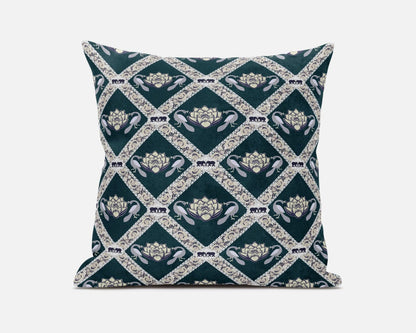 18" X 18" Dark Green Yellow Gray Lotus Floral Blown Seam Suede Throw Pillow