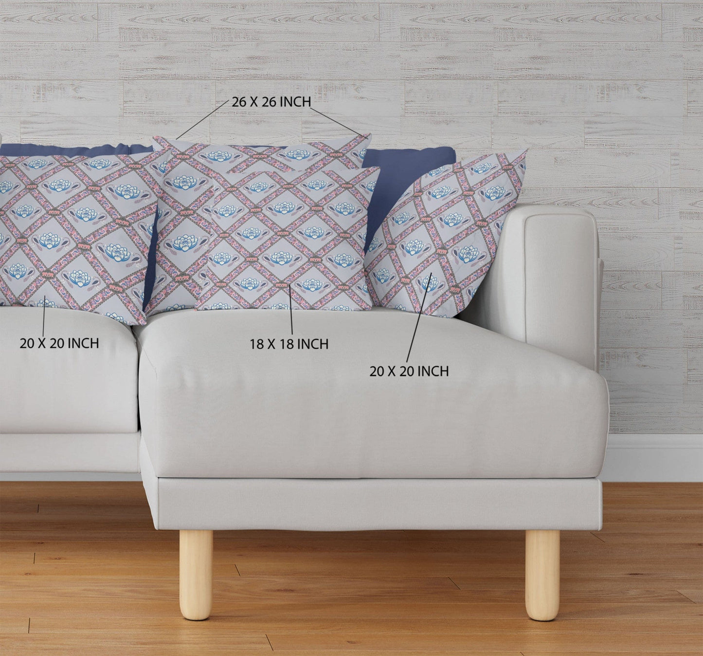 18" X 18" Gray Blue Pink Lotus Floral Blown Seam Suede Throw Pillow