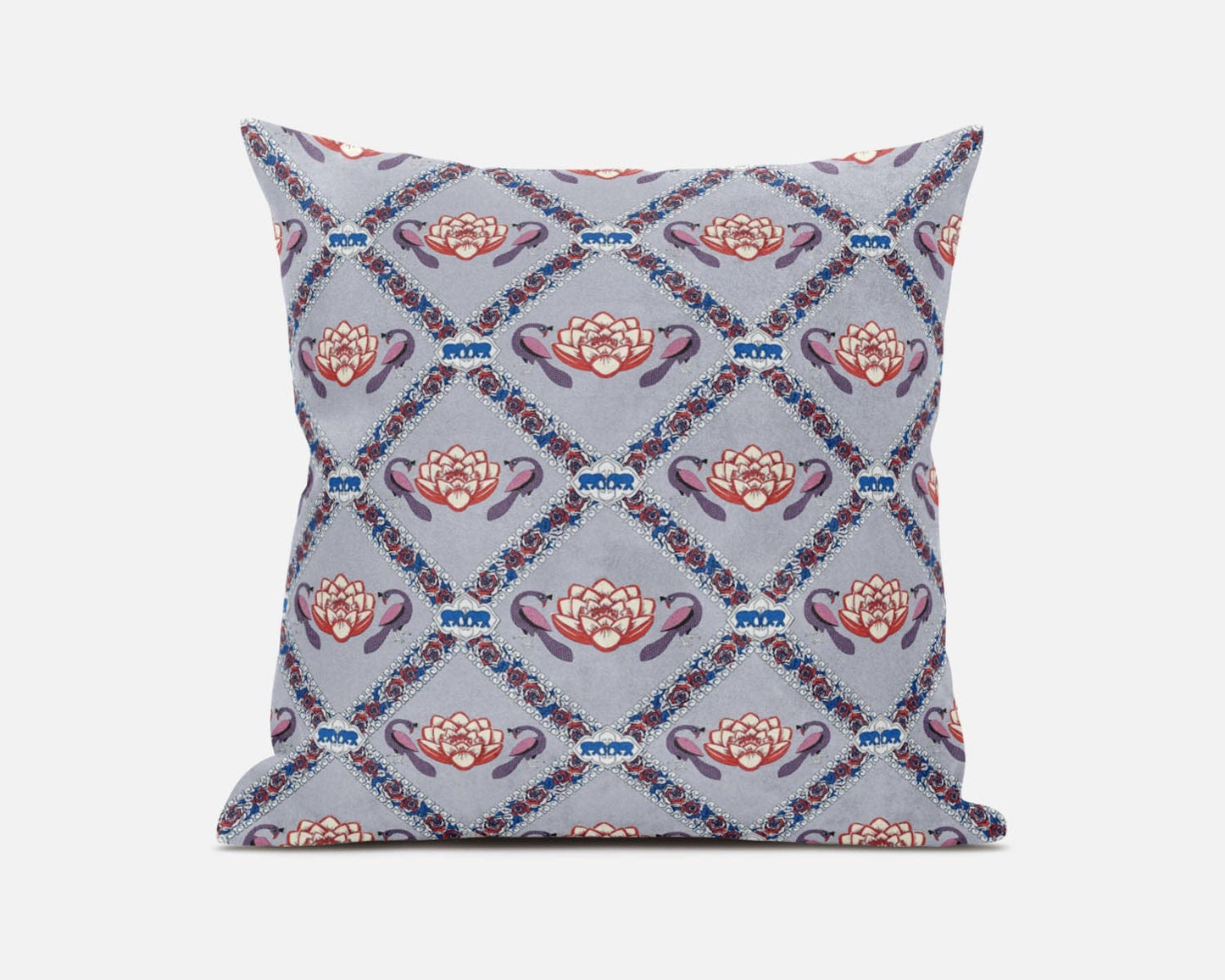 16" X 16" Gray Red Blue Lotus Floral Blown Seam Suede Throw Pillow