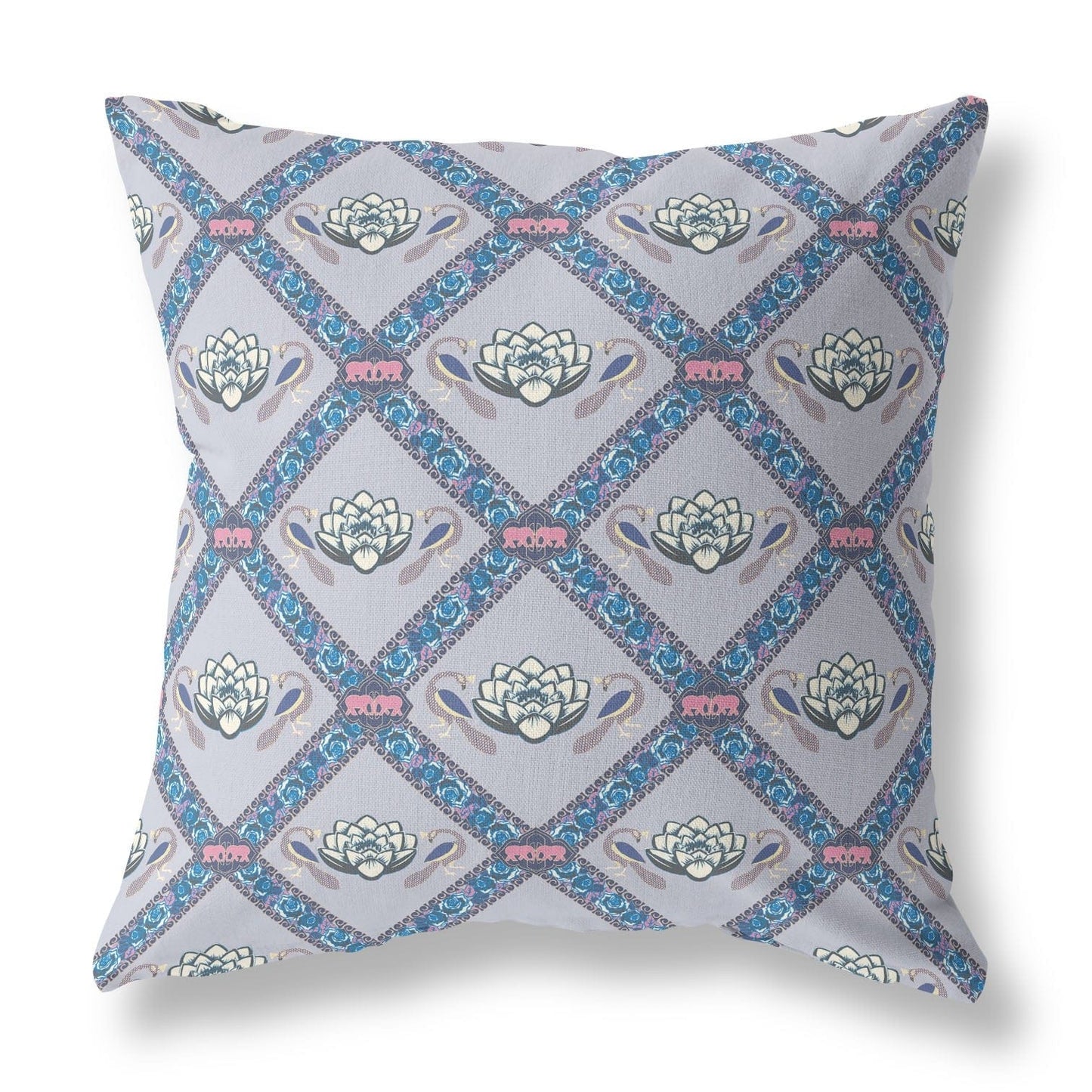 16" X 16" Gray Sea Blue Pink Lotus Floral Blown Seam Suede Throw Pillow