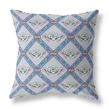 16" X 16" Gray Sea Blue Pink Lotus Floral Blown Seam Suede Throw Pillow