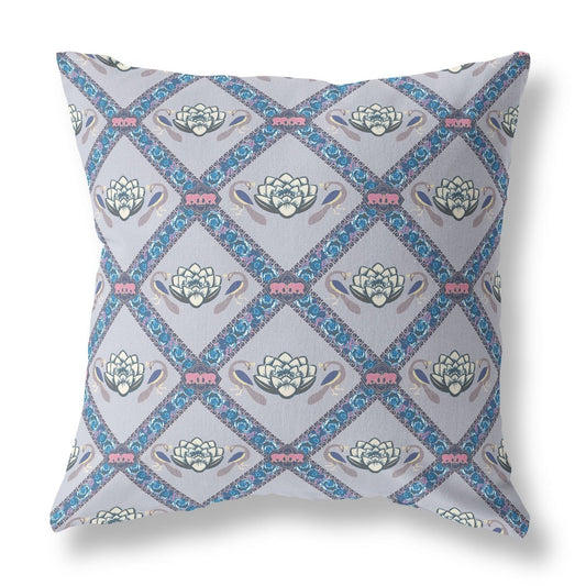 16" X 16" Gray Sea Blue Pink Lotus Floral Blown Seam Suede Throw Pillow