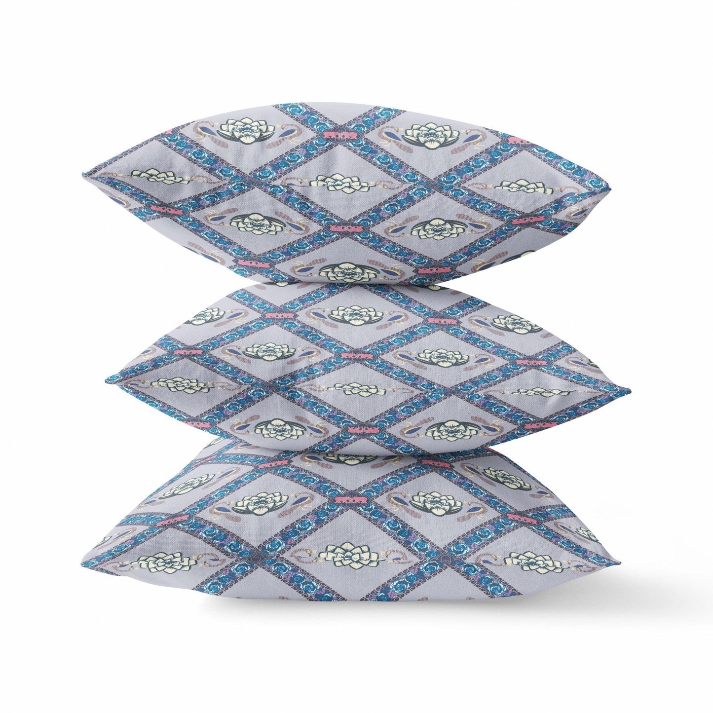 16" X 16" Gray Sea Blue Pink Lotus Floral Blown Seam Suede Throw Pillow