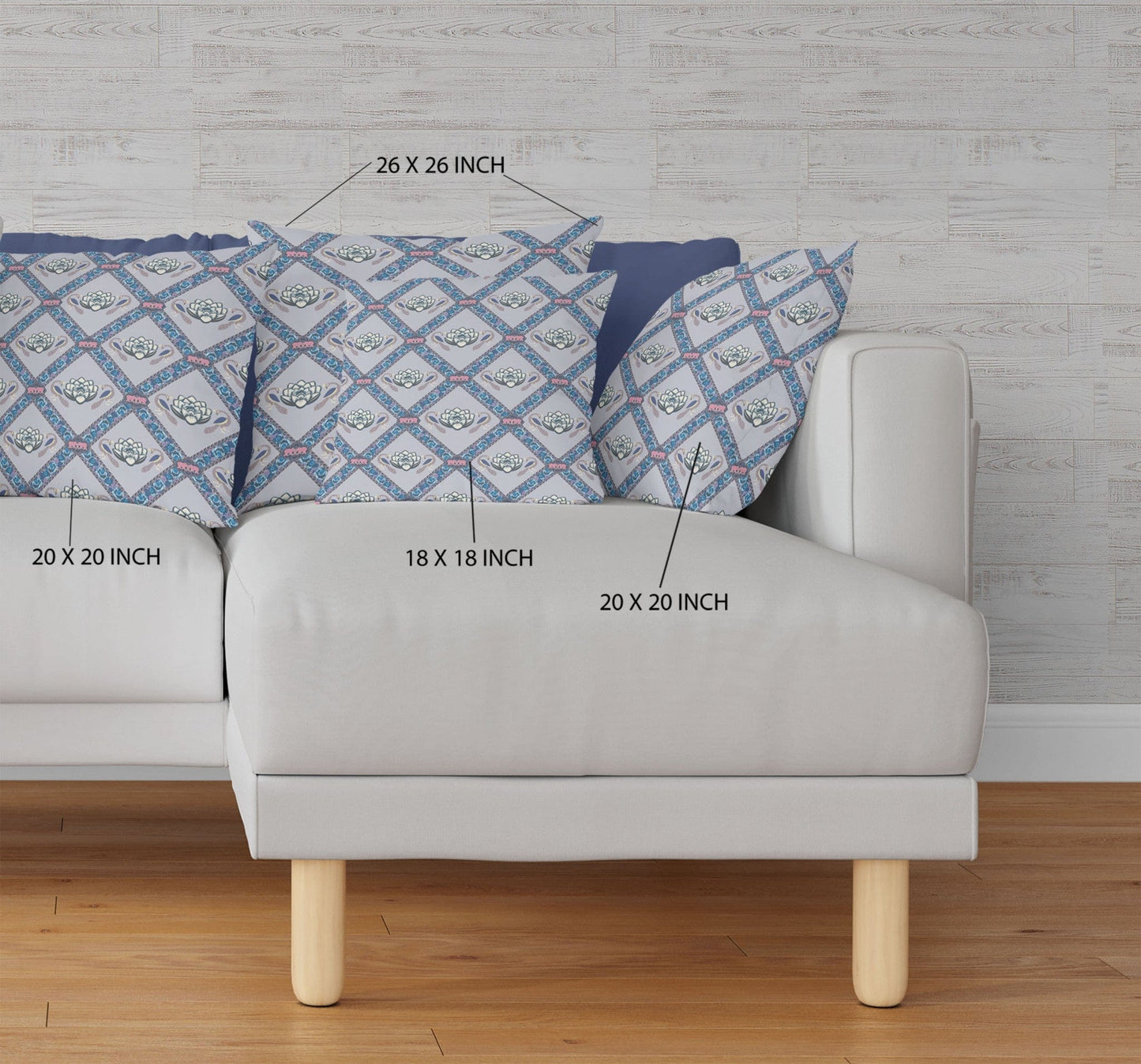 16" X 16" Gray Sea Blue Pink Lotus Floral Blown Seam Suede Throw Pillow