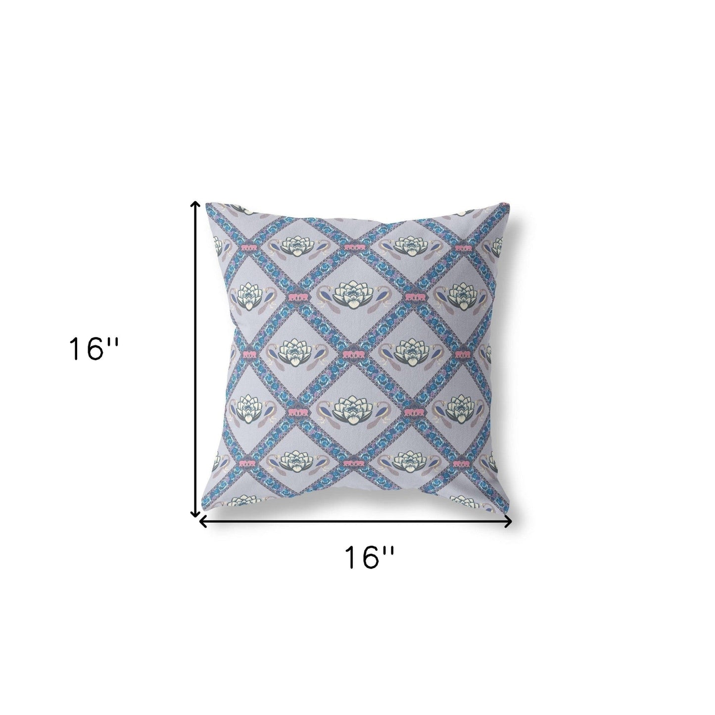 16" X 16" Gray Sea Blue Pink Lotus Floral Blown Seam Suede Throw Pillow