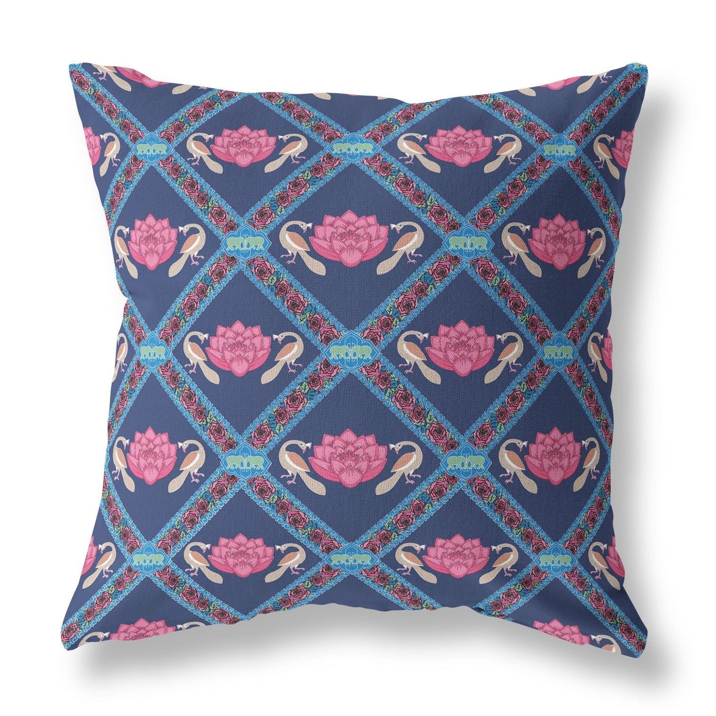 18" X 18" Indigo Pink Lotus Floral Blown Seam Suede Throw Pillow