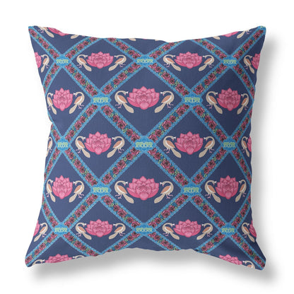 18" X 18" Indigo Pink Lotus Floral Blown Seam Suede Throw Pillow