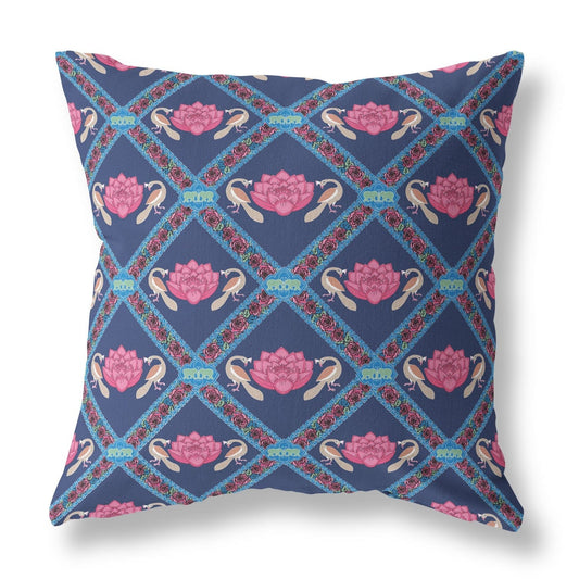 18" X 18" Indigo Pink Lotus Floral Blown Seam Suede Throw Pillow