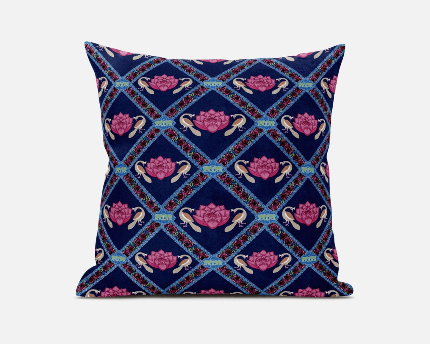 18" X 18" Indigo Pink Lotus Floral Blown Seam Suede Throw Pillow