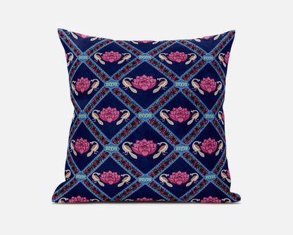 18" X 18" Indigo Pink Lotus Floral Blown Seam Suede Throw Pillow