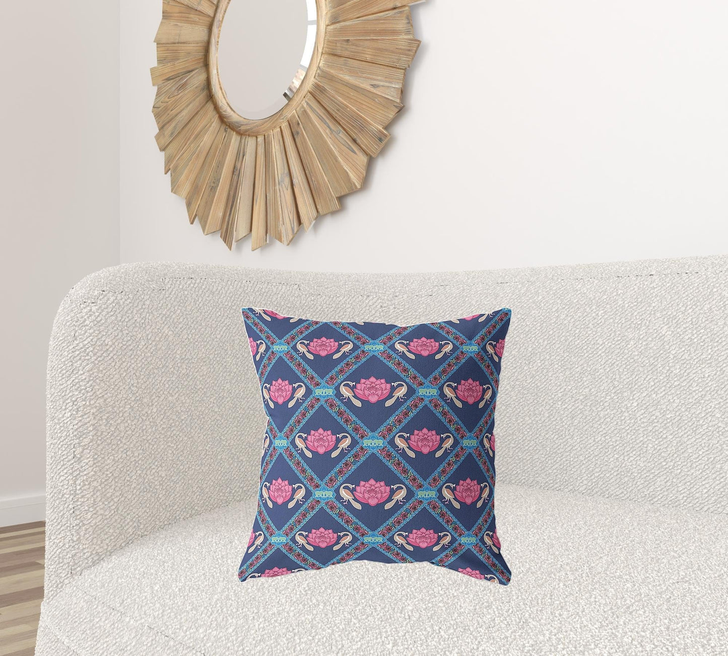 18" X 18" Indigo Pink Lotus Floral Blown Seam Suede Throw Pillow