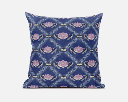 16" X 16" Purple Blue Pink Lotus Floral Blown Seam Suede Throw Pillow