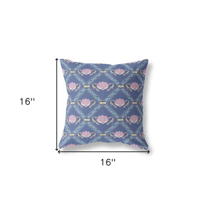 16" X 16" Purple Blue Pink Lotus Floral Blown Seam Suede Throw Pillow