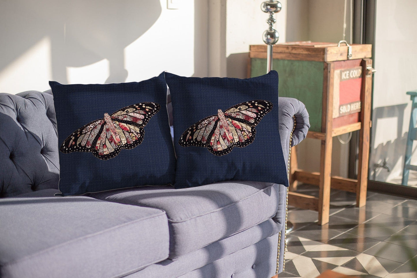 18" Denim Blue Butterfly Suede Throw Pillow