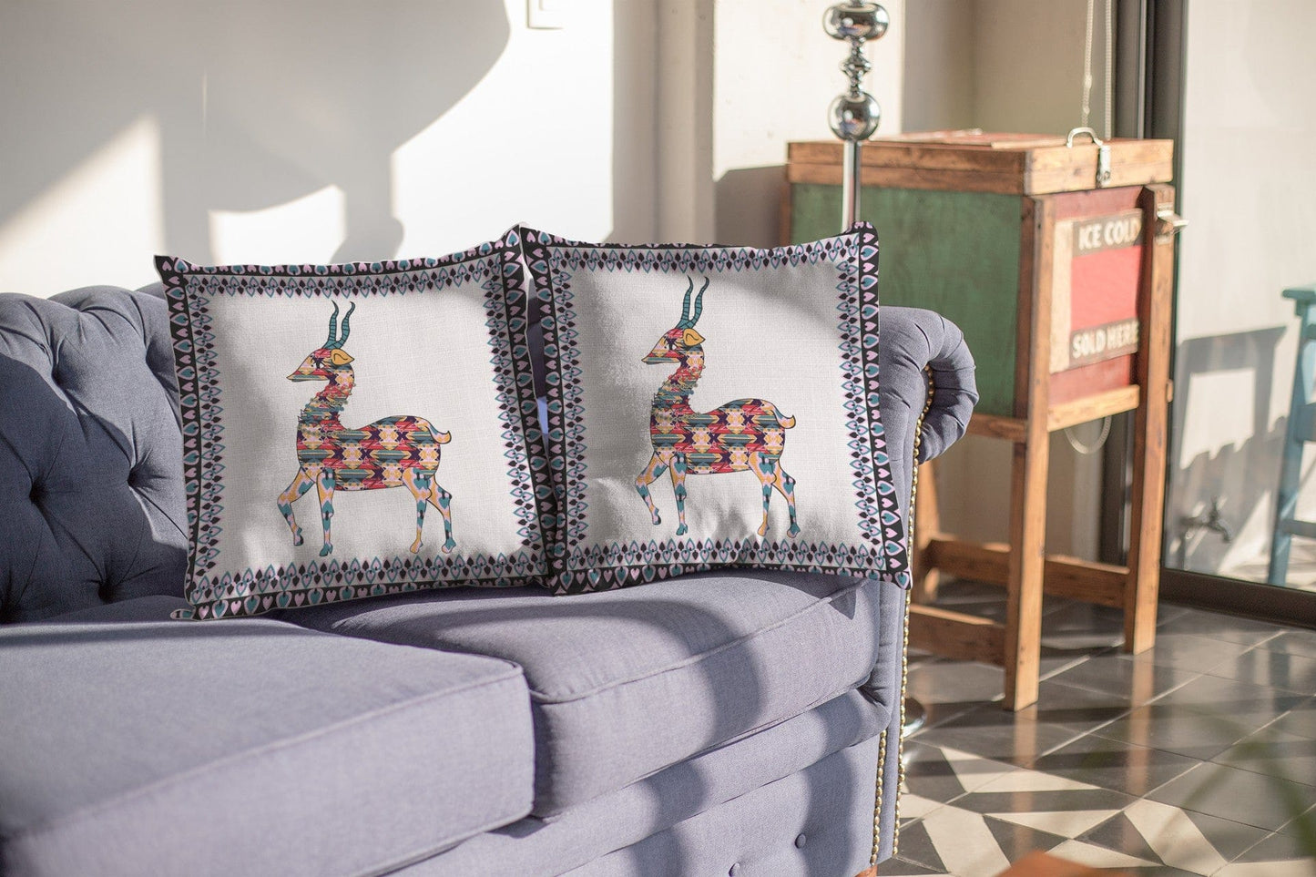 16" Blue White Boho Deer Suede Throw Pillow