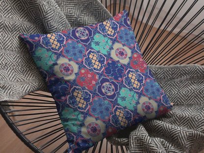 18” Navy Red Trellis Suede Throw Pillow