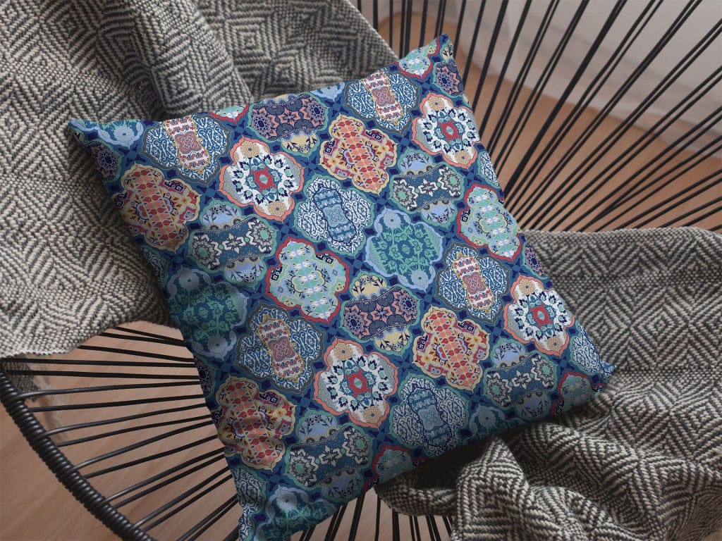 18” Turquoise Red Trellis Suede Throw Pillow