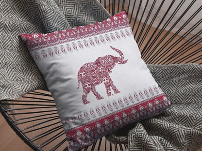 16” Red White Ornate Elephant Suede Throw Pillow