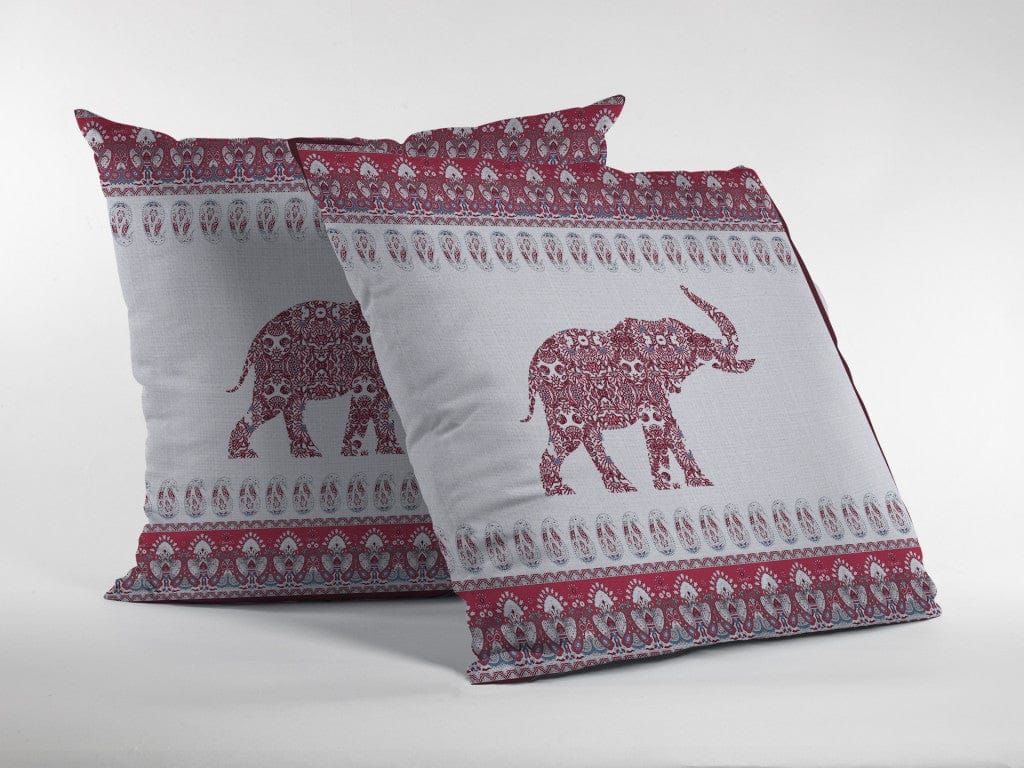 18” Red White Ornate Elephant Suede Throw Pillow