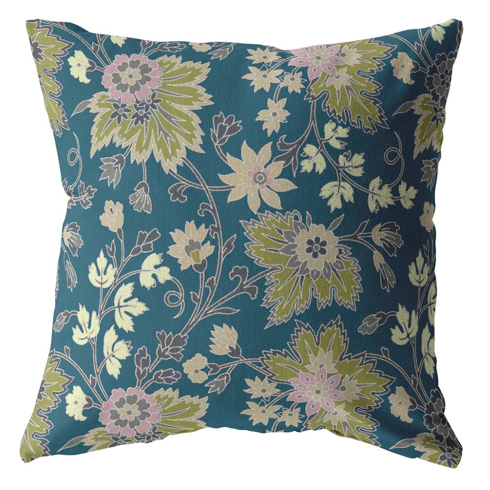 16” Teal Green Jacobean Suede Throw Pillow
