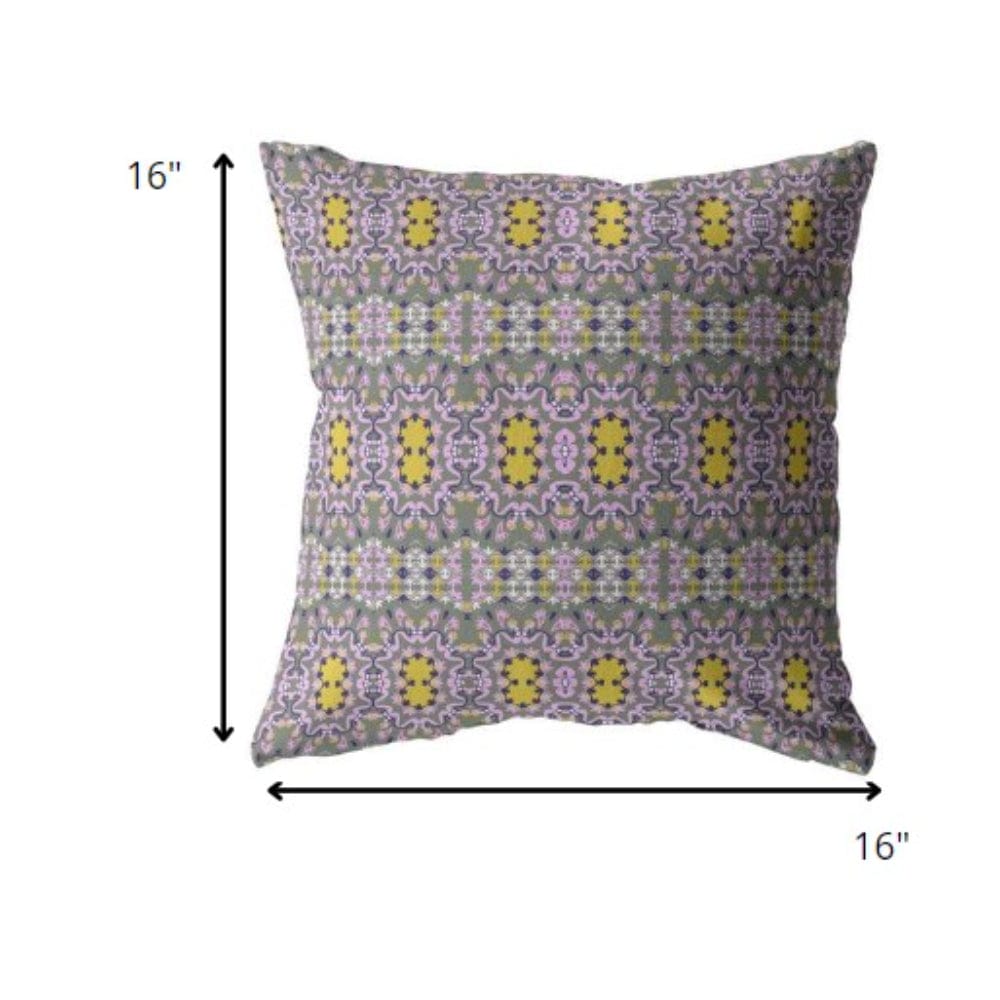 16” Purple Yellow Geofloral Suede Throw Pillow