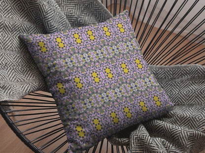 18” Purple Yellow Geofloral Suede Throw Pillow