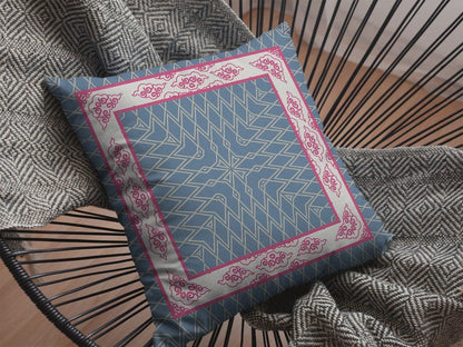18" Pink Blue Nest Ornate Frame Suede Throw Pillow