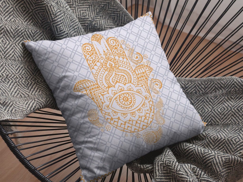 18” Gold Gray Hamsa Boho Suede Throw Pillow