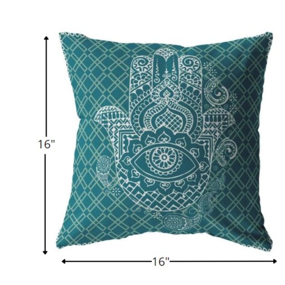 16” Teal White Hamsa Boho Suede Throw Pillow