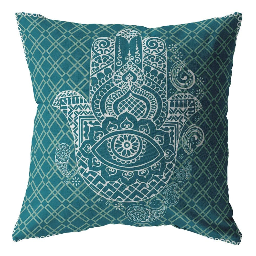18” Teal White Hamsa Boho Suede Throw Pillow