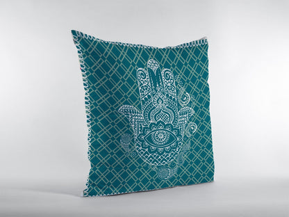 18” Teal White Hamsa Boho Suede Throw Pillow