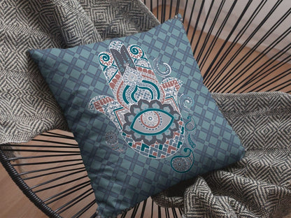 16” Slate Blue Hamsa Boho Suede Throw Pillow