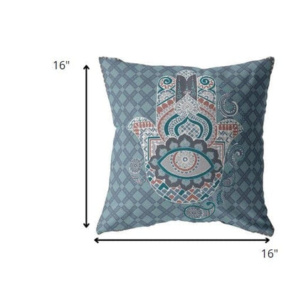 16” Slate Blue Hamsa Boho Suede Throw Pillow