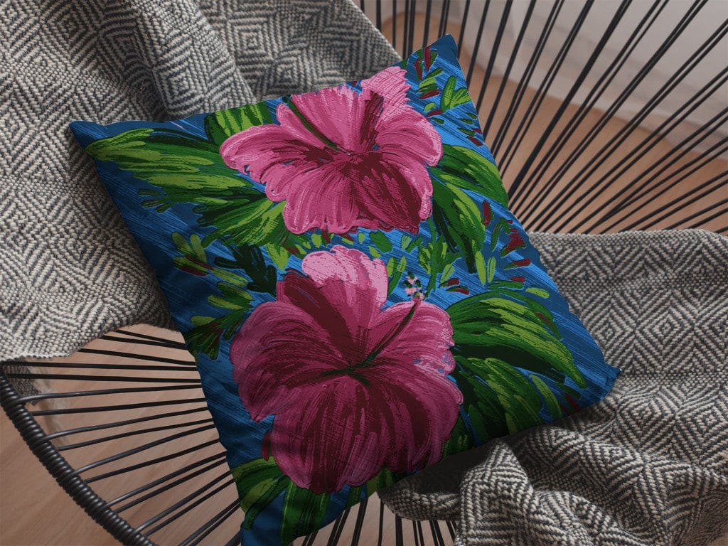 16” Pink Blue Hibiscus Suede Decorative Throw Pillow