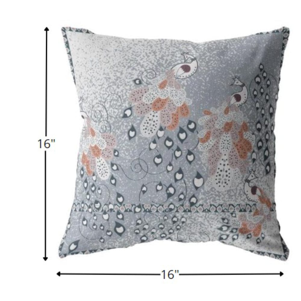 16” Gray Orange Boho Bird Suede Throw Pillow