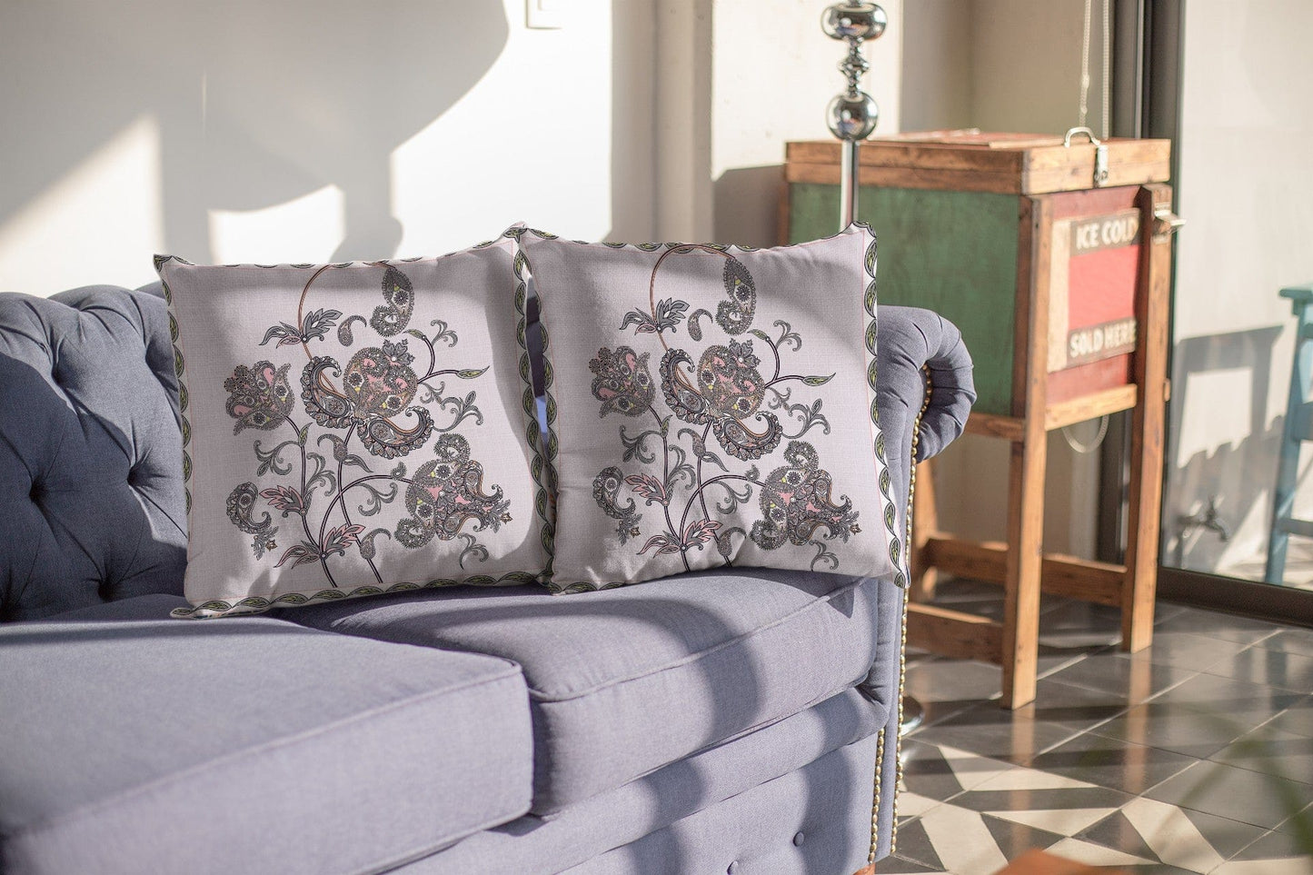 16” Gray White Wildflower Suede Throw Pillow