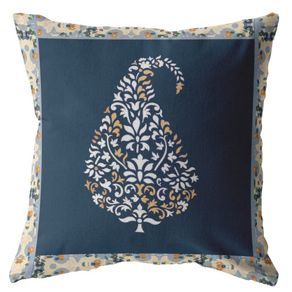 16” Orange Navy Paisley Suede Decorative Throw Pillow